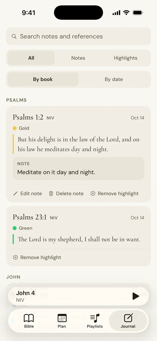 The journal with highlights on Psalm 1:2 and Psalm 23:1 and a note.