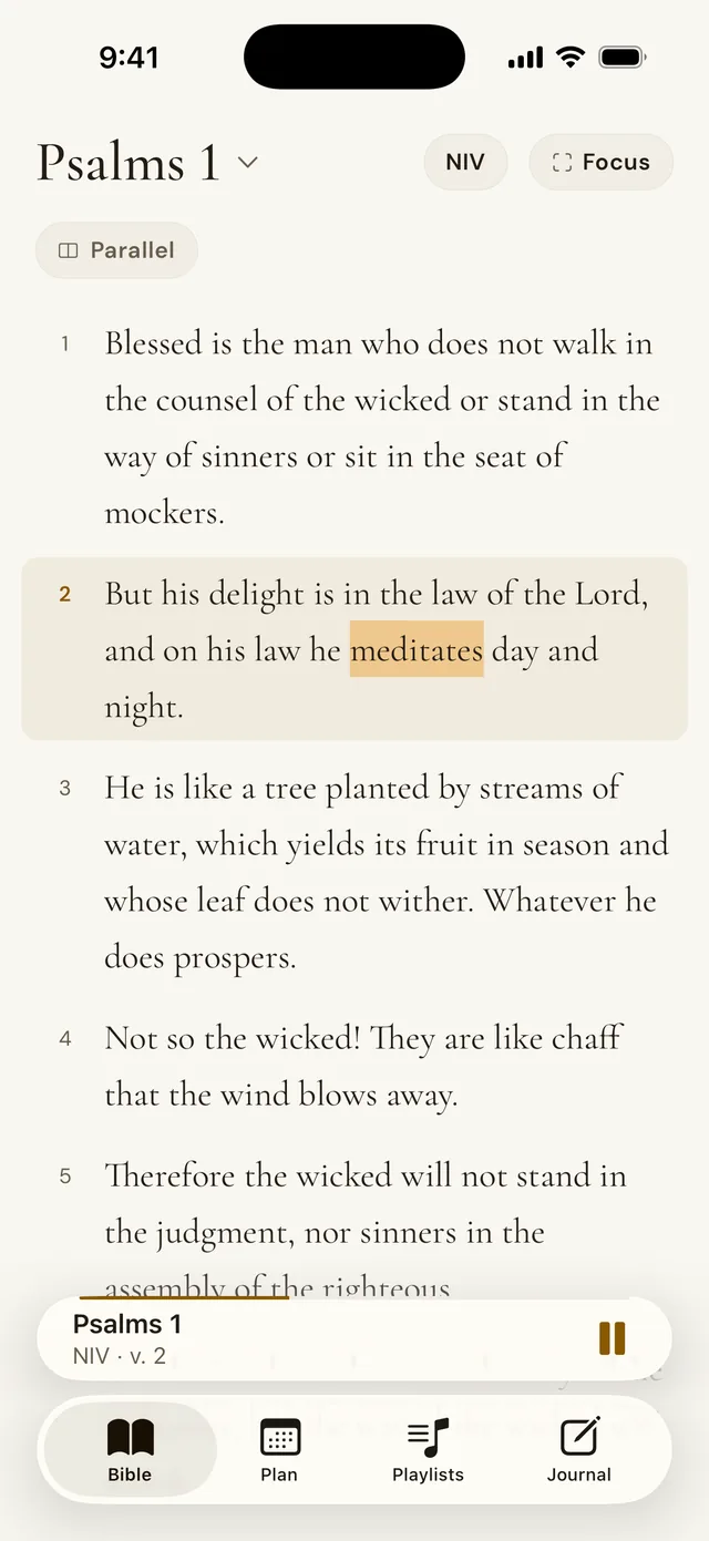 Hagah playing Psalm 1 in the NIV, with verse 2 highlighted and the word “meditates” lit.