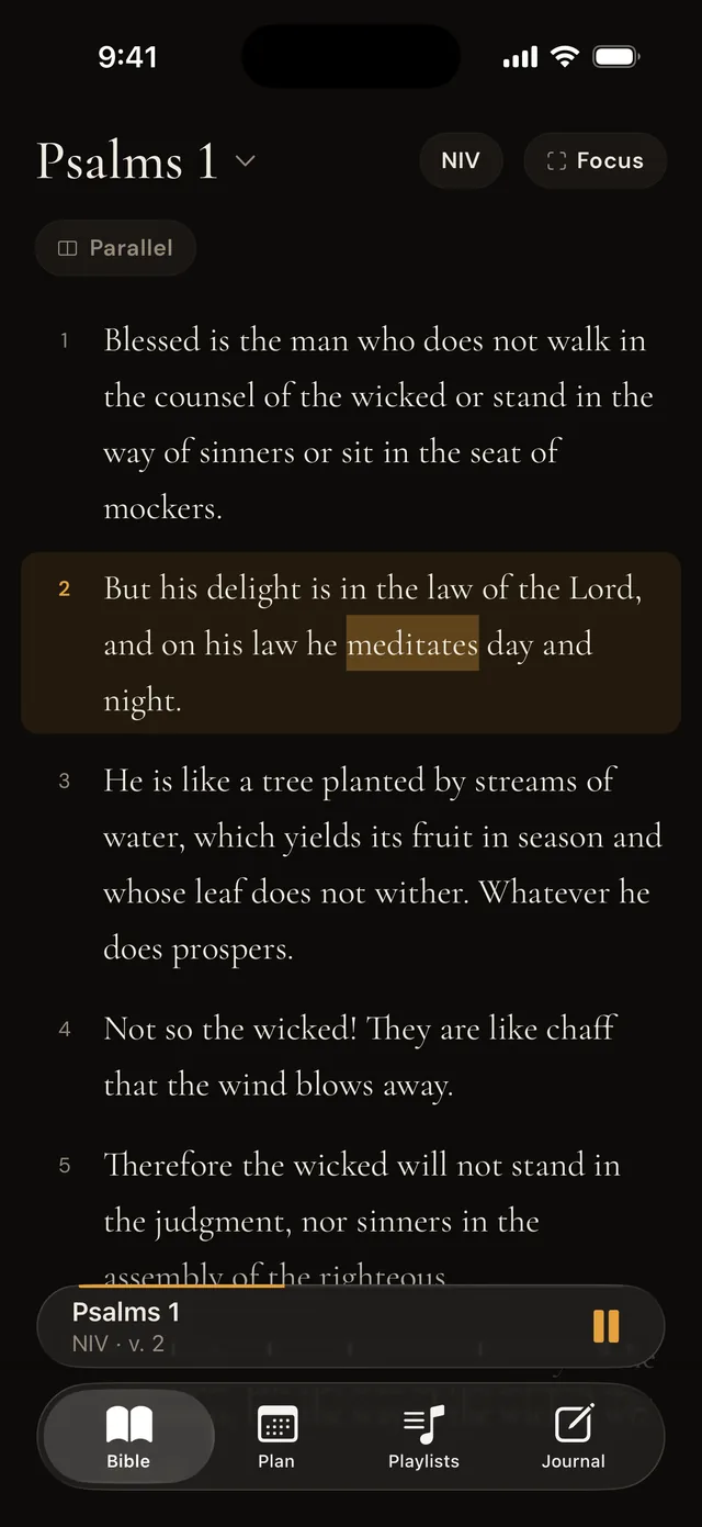 Psalm 1 in the dark theme, with verse 2 playing.