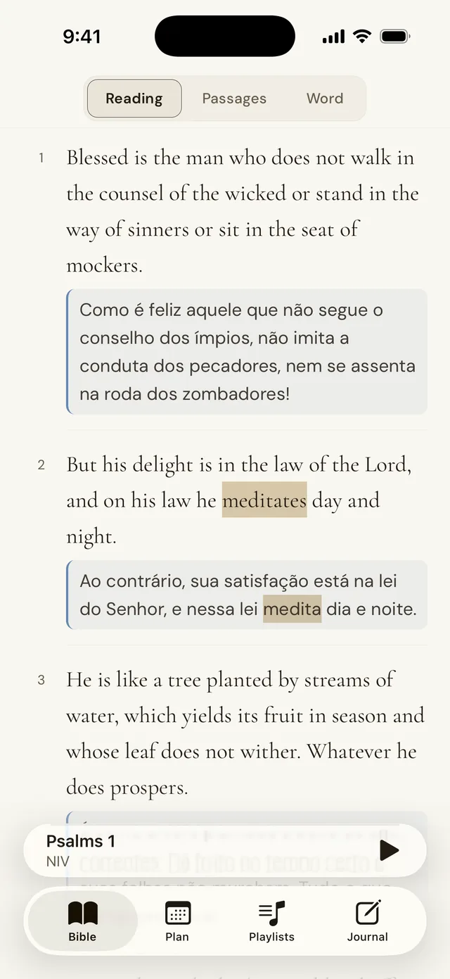 Parallel reading of Psalm 1: the NIV with the NVI under each verse and “meditates” linked to “medita”.