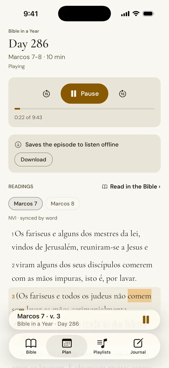 The Bible in a Year plan playing day 286, with the reading from Mark following the audio.