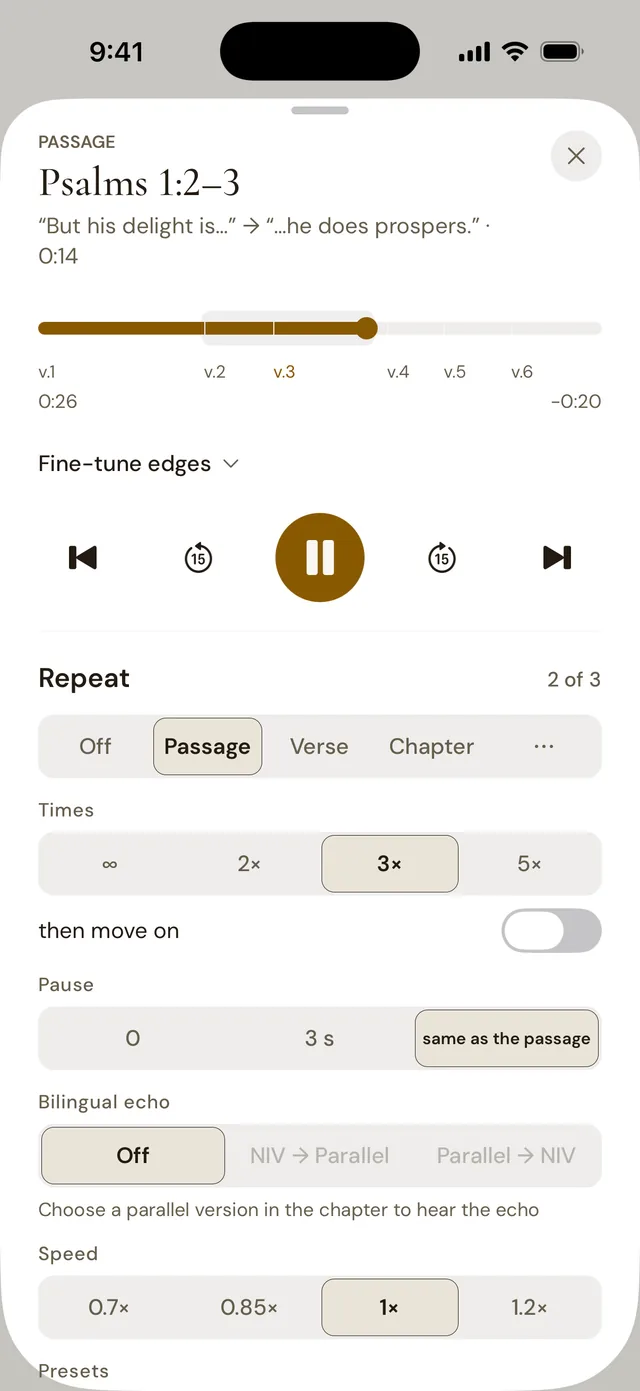 Repeating the passage Psalm 1:2–3: three times, with a pause as long as the passage and bilingual echo.