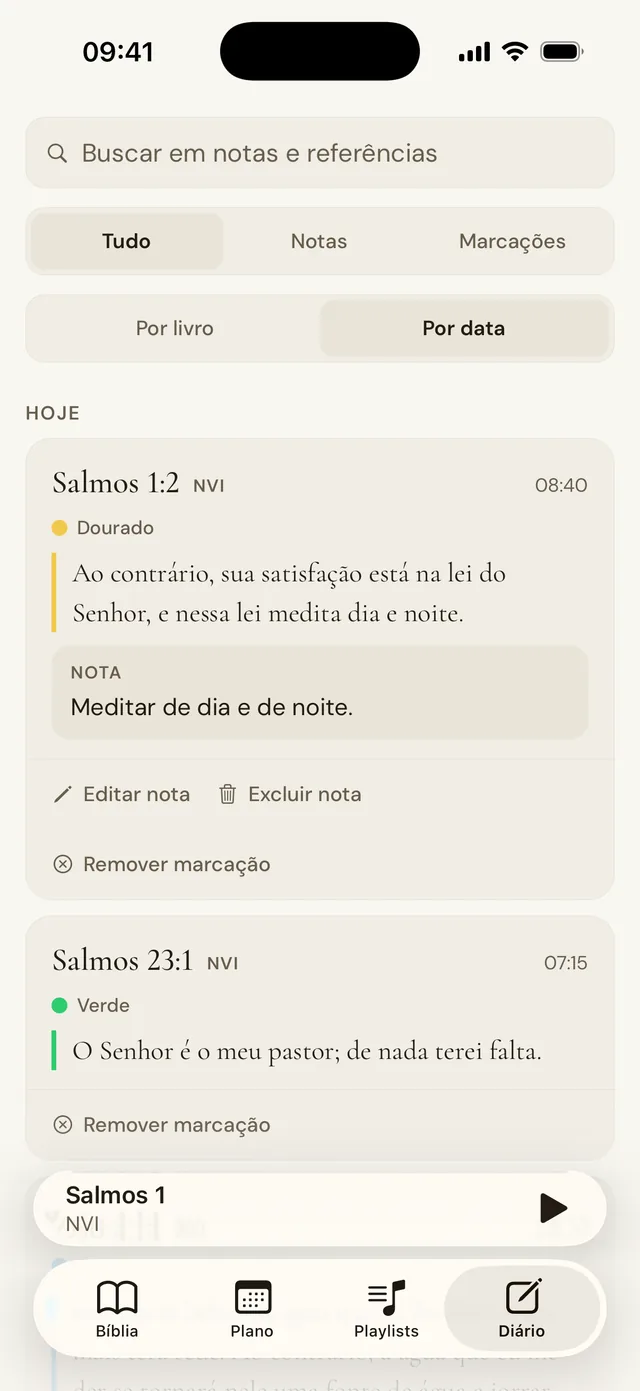 O diário com marcações em Salmos 1:2 e Salmos 23:1 e uma nota.