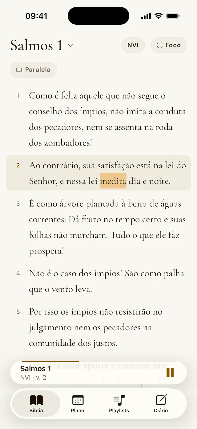 O Hagah tocando Salmos 1 na NVI, com o versículo 2 em destaque e a palavra “medita” acesa.