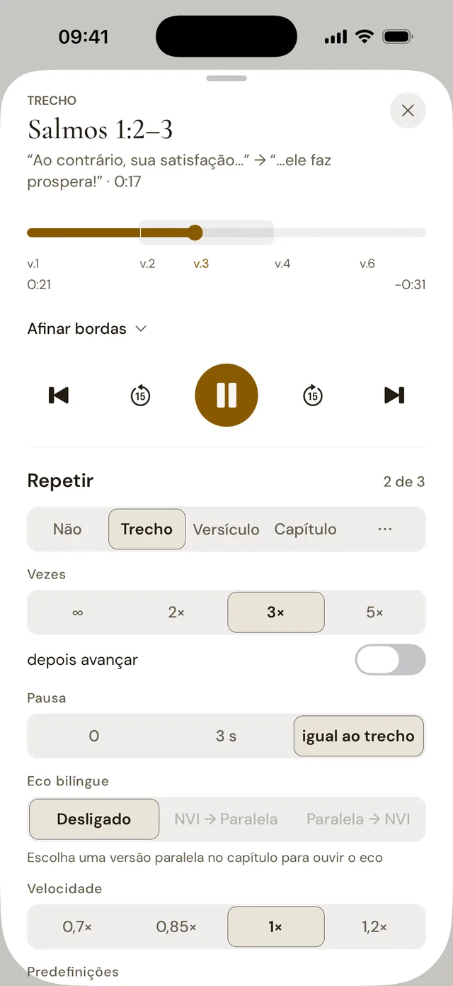 A repetição do trecho Salmos 1:2–3: três vezes, com pausa igual ao trecho e eco bilíngue.